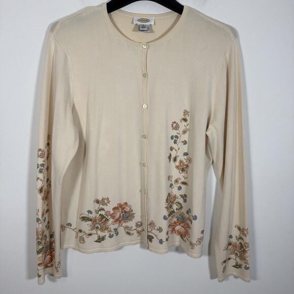 Talbots Silk Button Up Knit Cardigan Size XL Floral Cream Ivory Cottage Vintage - Picture 8 of 8